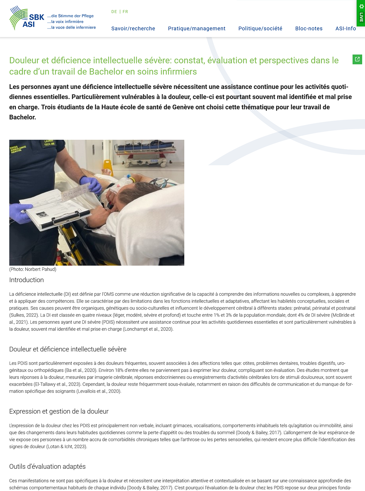 Douleur et déficience intellectuelle sévère: constat, évaluation et perspectives